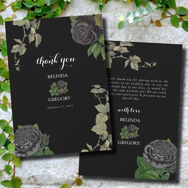 Tarjeta De Agradecimiento Boda de Rosas negros en Halloween gótico (Gothic Halloween Black Roses Wedding Thank You Card)