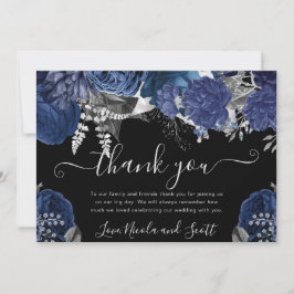 Tarjeta De Agradecimiento Boda de rosas plateadas y acuarela navy