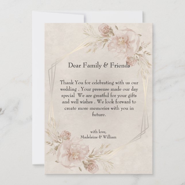 Tarjeta De Agradecimiento Boda de Rosas Polvorientas Rosadas Rústicas y Flor (Anverso)