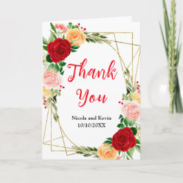 Tarjeta De Agradecimiento Boda de Rosas Rojas y Naranjas Románticas