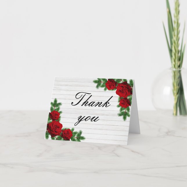 Tarjeta De Agradecimiento Boda De Rosas Rojas Y Ramas De Pino (Anverso)