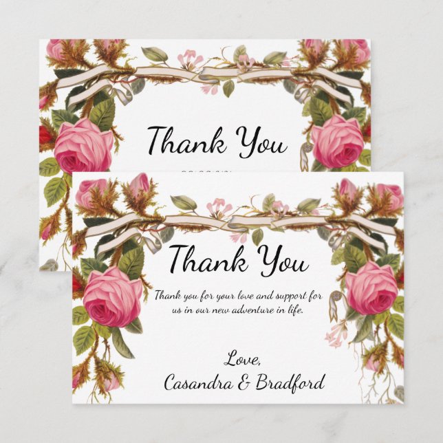 Tarjeta De Agradecimiento Boda de rosas rosadas florales de Victoria (Anverso / Reverso)