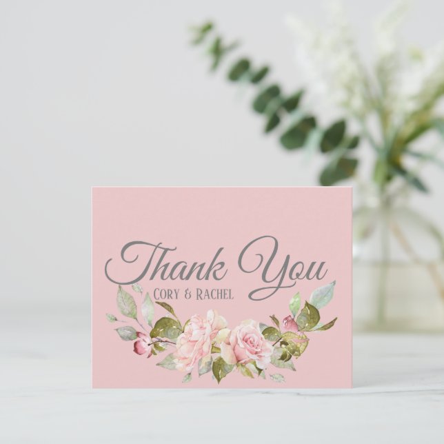 Tarjeta De Agradecimiento Boda de rosas rosadas púrpura bonito (Anverso de pie)