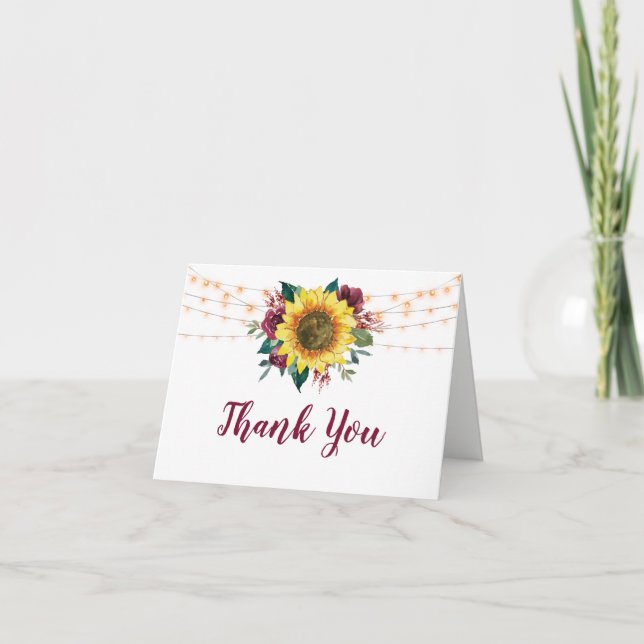 Tarjeta De Agradecimiento Boda de Rustic Sunflower Floral String Lights (Anverso)