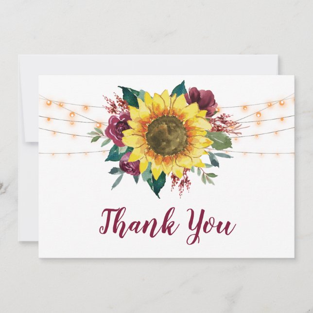 Tarjeta De Agradecimiento Boda de Rustic Sunflowers String Lights (Anverso)