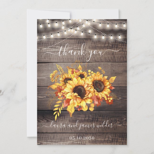 Tarjeta De Agradecimiento Boda de Rustic Wood Sunflower String Lights (Anverso)