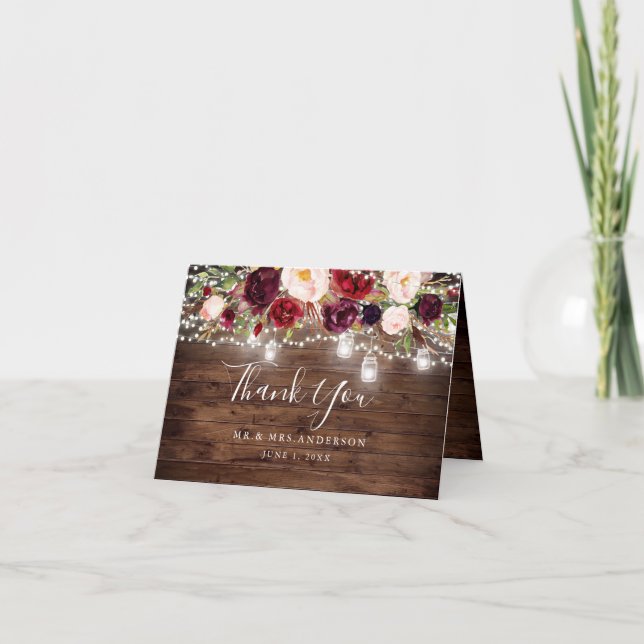 Tarjeta De Agradecimiento Boda de Rústica Madera Borgoña Floral (Anverso)