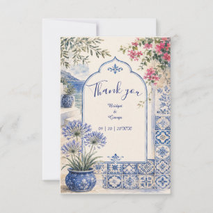 Tarjeta De Agradecimiento Boda de Santorini floral Baldosa Azul Acuarela