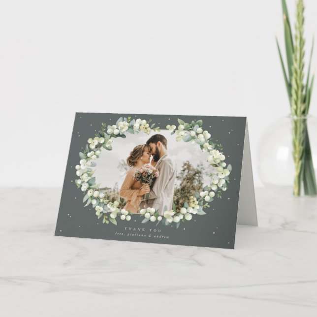 Tarjeta De Agradecimiento Boda de Snowberry verde + Eucalyptus (Anverso)