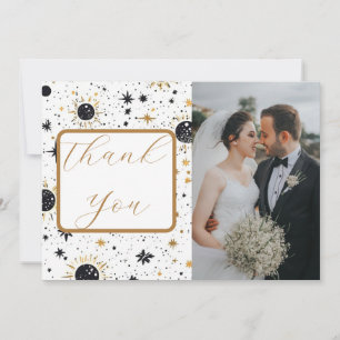 Tarjeta De Agradecimiento Boda de Sol Luna Estrellas Celestiales en Negro y