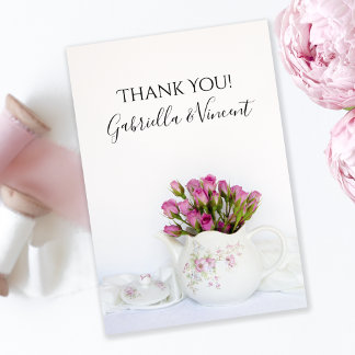 Tarjeta De Agradecimiento Boda de Teapot: Flores de rosa rosadas