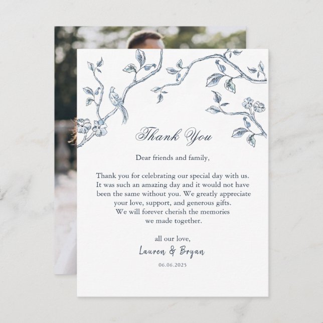 Tarjeta De Agradecimiento Boda de tela azul y blanca (Anverso / Reverso)