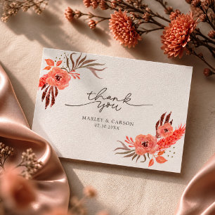 Tarjeta De Agradecimiento Boda de Terracota Floral Naranja Coral Moderna