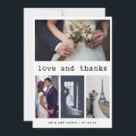Tarjeta De Agradecimiento Boda de texto de máquina de escribir simple gracia<br><div class="desc">Estas sencillas y elegantes tarjetas de agradecimiento boda presentan una tipografía de texto de máquina de escribir en negro sobre un fondo blanco,  con espacio para cuatro fotos personales de sus bodas.</div>