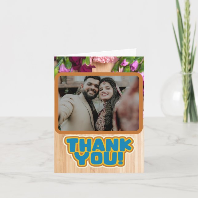 Tarjeta De Agradecimiento Boda de textura de madera floral vibrante (Anverso)