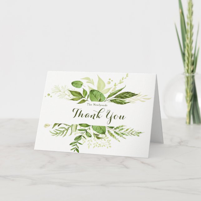 Tarjeta De Agradecimiento Boda de Trending Green Wreath y Laurels Gracias (Anverso)