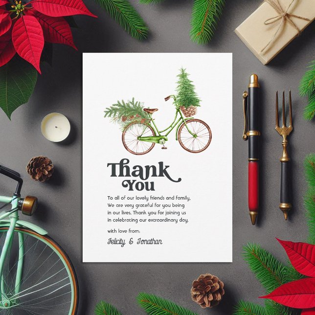 Tarjeta De Agradecimiento Boda de vacaciones de árbol de Navidad de biciclet (Retro Bicycle Christmas Tree Holiday Wedding Thank You Card)