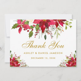 Tarjeta De Agradecimiento Boda de vacaciones Poinsettia Floral Gold