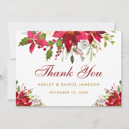 Tarjeta De Agradecimiento Boda de vacaciones Poinsettia Floral Oro rojo