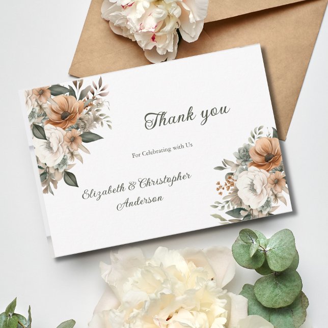 Tarjeta De Agradecimiento Boda de vegetación beige-fólico neutro (Neutral Flowers Floral Botanical Greenery Wedding Thank you card)