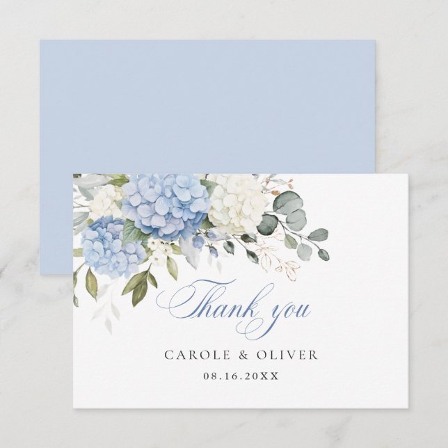 Tarjeta De Agradecimiento Boda de vegetación de hidrangea blanca azul floral (Anverso / Reverso)