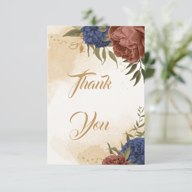 Tarjeta De Agradecimiento boda de vegetación floral azul marino terracota (Anverso de pie)
