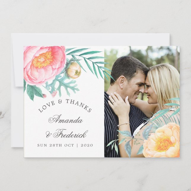 Tarjeta De Agradecimiento Boda de verano floral de menta tropical gracias (Anverso)