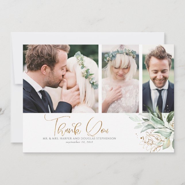 Tarjeta De Agradecimiento Boda de Verdor de Oro Gracias Foto (Anverso)
