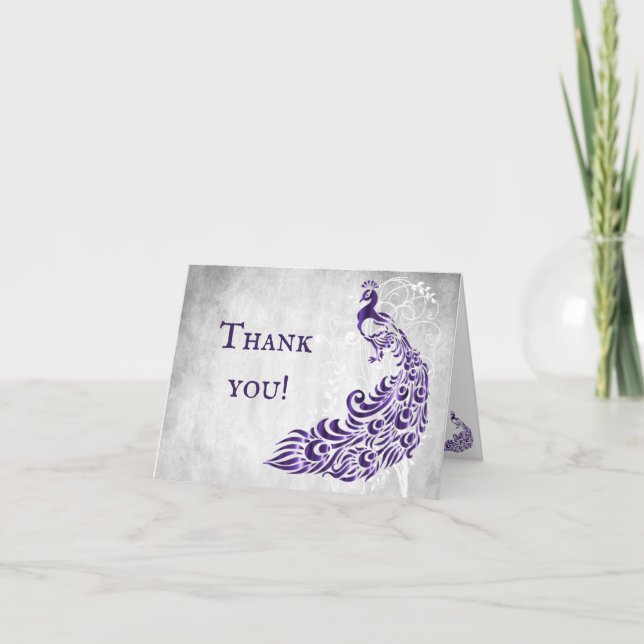 Tarjeta De Agradecimiento Boda De Vino De La Hoja De Peacock Púrpura Gracias (Anverso)