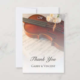 Tarjeta De Agradecimiento Boda de violín clásico y rosas blancas gracias