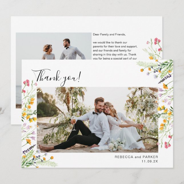 Tarjeta De Agradecimiento Boda de Wildflowers Boho (Anverso / Reverso)