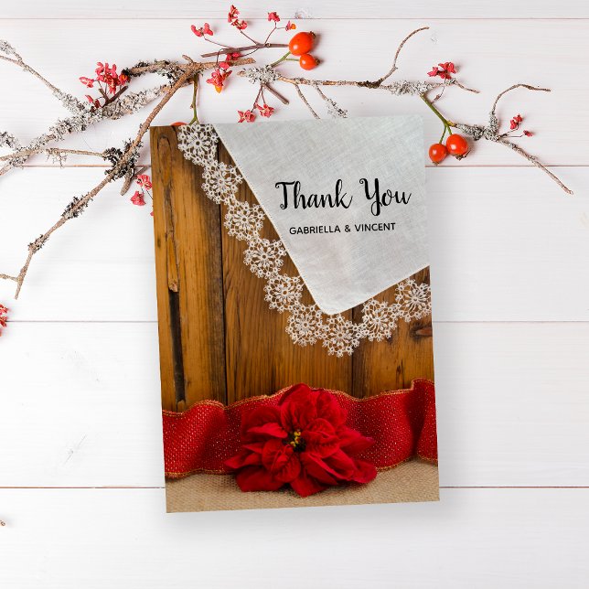 Tarjeta De Agradecimiento Boda de Winter Barn de Poinsettia Rustica Gracias (Show your gratitude after your December celebration event with this festive thank you note.)