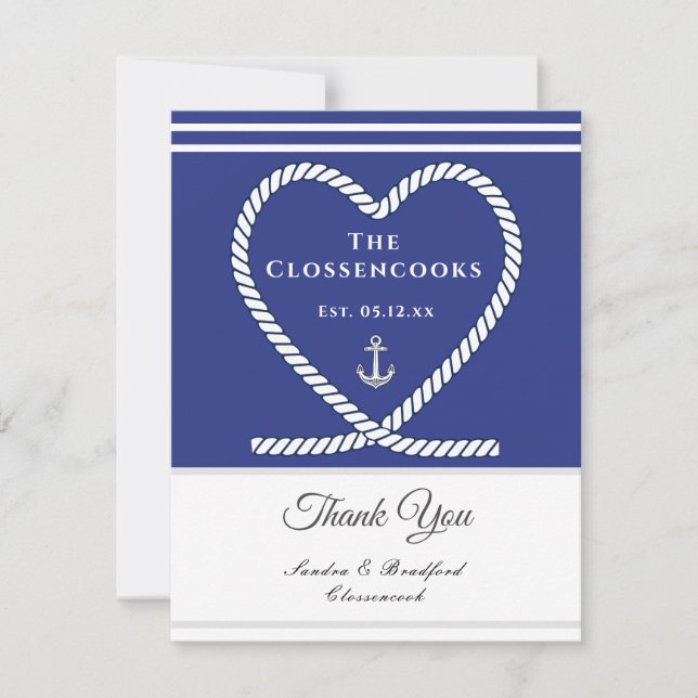 Tarjeta De Agradecimiento Boda del Ancla del Corazón Blanco Azul (Anverso)