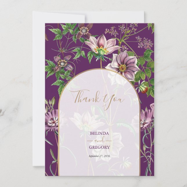 Tarjeta De Agradecimiento Boda del Arco de Oro Purple Floral Greenery (Anverso)