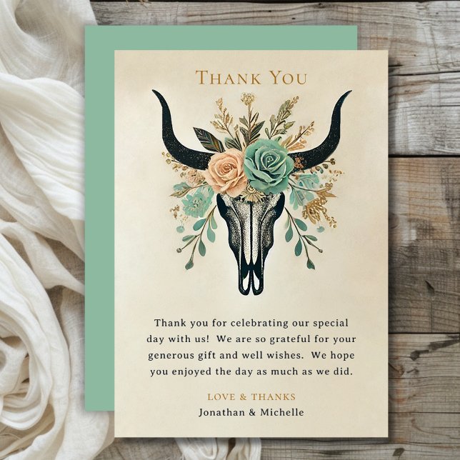 Tarjeta De Agradecimiento Boda del Boho Western Floral Bull Cow Skull (Boho Western Floral Bull Cow Skull Wedding Thank You Card)