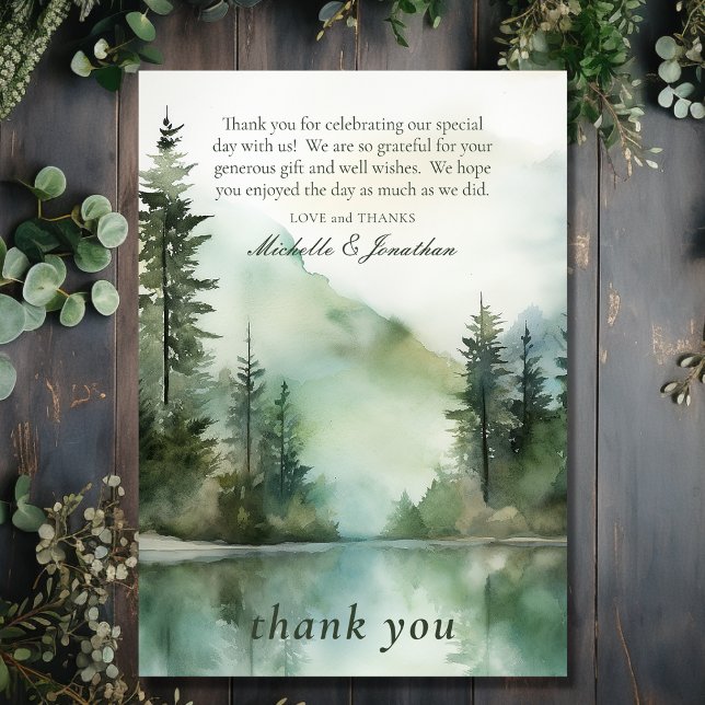 Tarjeta De Agradecimiento Boda del Bosque Acuático Rústico de Montaña (Front - Watercolor Rustic Mountain Lake Forest Wedding Thank You Card)