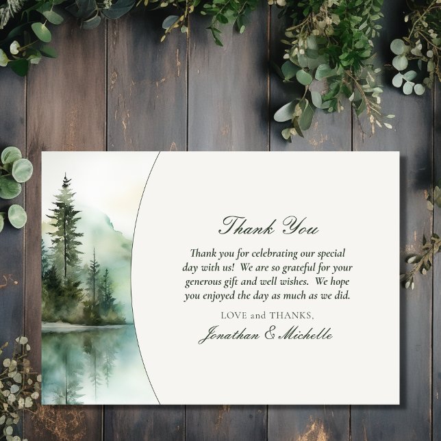 Tarjeta De Agradecimiento Boda del Bosque Acuático Rústico de Montaña (Front - Rustic Mountain Lake Forest Wedding Details Thank You Card)