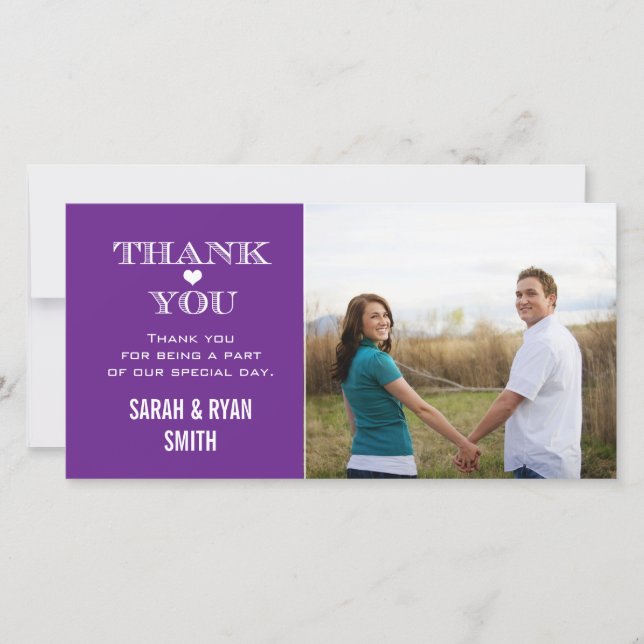 Tarjeta De Agradecimiento Boda del corazón morado Foto Gracias Cartas (Anverso)