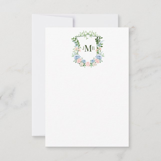 Tarjeta De Agradecimiento Boda del Escudo Dusty Blue Floral (Anverso)