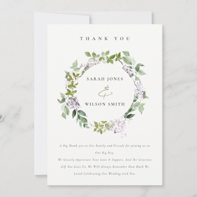 Tarjeta De Agradecimiento Boda del Jardín de la Madera de Lilac Floral Wreat (Anverso)