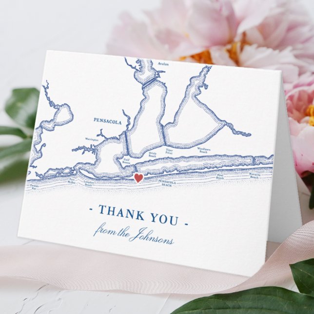 Tarjeta De Agradecimiento Boda del mapa de Florida en Pensacola Beach person (Pensacola Beach FL personalized thank you notes for your elegant navy blue wedding)