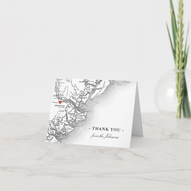 Tarjeta De Agradecimiento Boda del mapa de Savannah Georgia personalizado (Anverso)