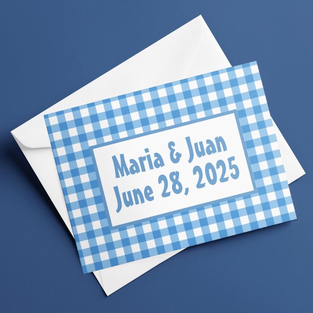 Tarjeta De Agradecimiento Boda del marco de Gingham azul y blanco (Subido por el creador)