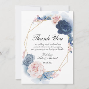 Tarjeta De Agradecimiento Boda del marco dorado de la florida floral azul de
