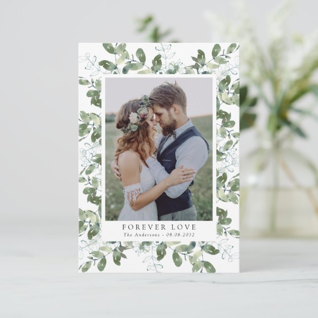 Tarjeta De Agradecimiento Boda del marco fotográfico Eucalyptus (Anverso de pie)
