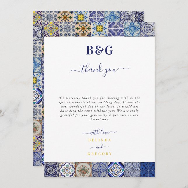 Tarjeta De Agradecimiento Boda del patrón de mosaicos portugués mediterráneo (Anverso / Reverso)