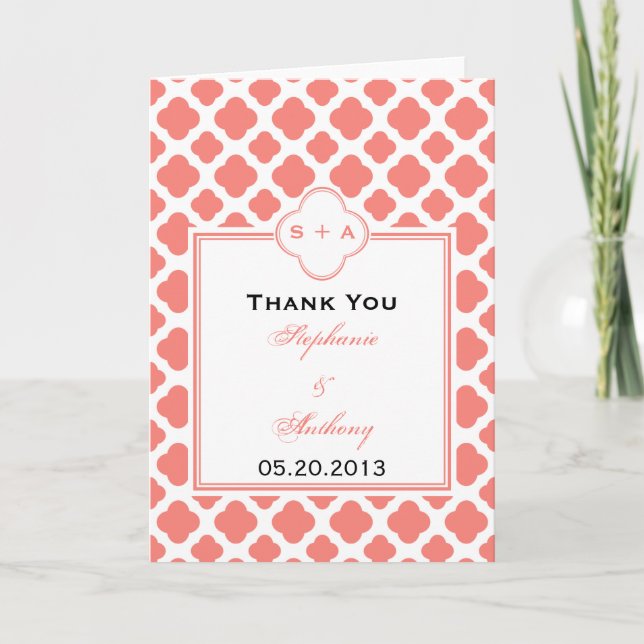 Tarjeta De Agradecimiento Boda del patrón de quatrefoil rosa de coral Gracia (Anverso)