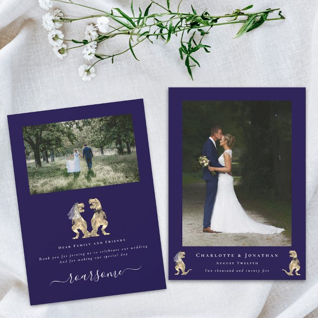 Tarjeta De Agradecimiento Boda del tema de los dinosaurios foto marina azul  (Dinosaur theme wedding photo thank you navy blue and elegant white script flat card T-Rex dino)