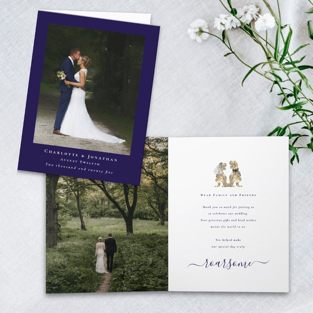 Tarjeta De Agradecimiento Boda del tema de los dinosaurios foto marina azul  (Dinosaur theme wedding photo thank you navy blue folded card T-Rex dino bride and groom elegant )
