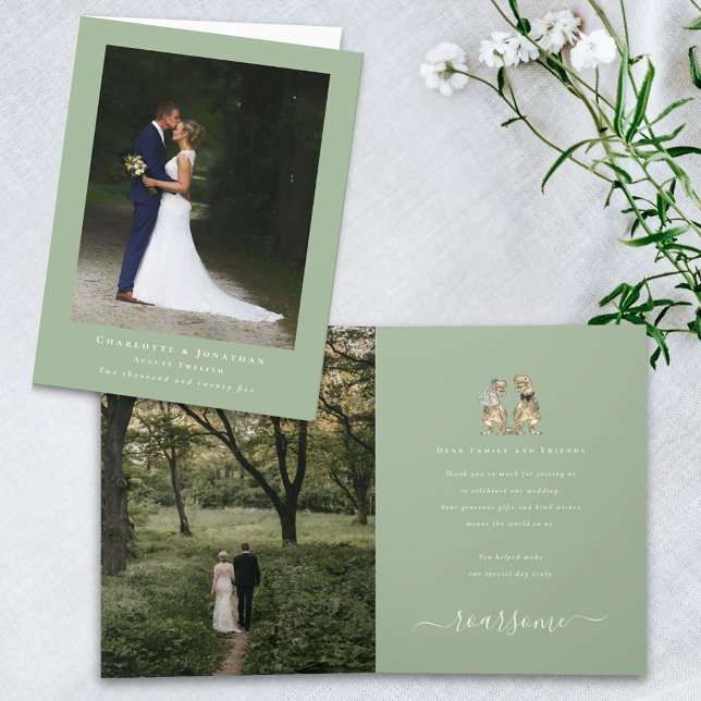 Tarjeta De Agradecimiento Boda del tema de los dinosaurios Foto Sage Green (Dinosaur theme wedding photo thank you sage green folded card T-Rex dino bride and groom elegant )